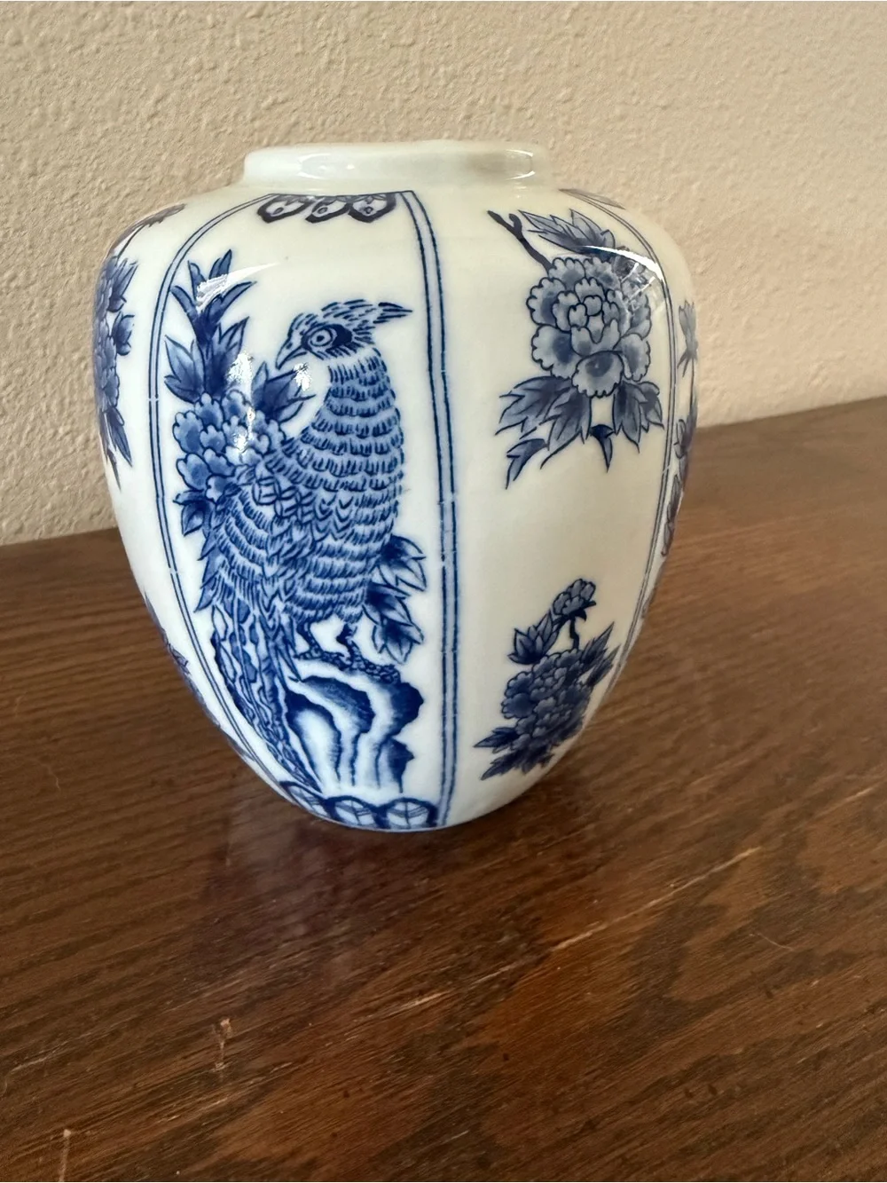Japenese Blue and White Porcelain Peacock Vase - Vintage Andrea Sadek